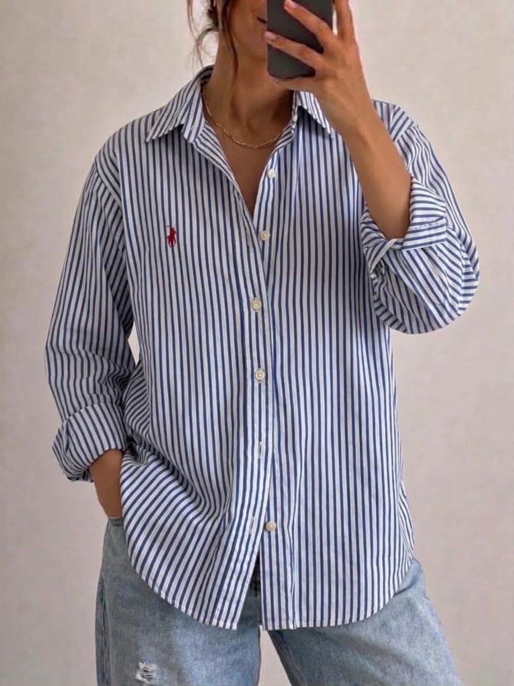 Ralph Lauren Oversized Striped Button Down Shirt Size Large Blue White Women’s